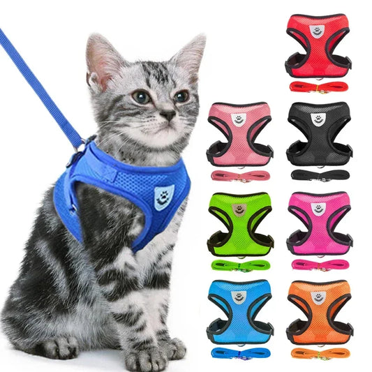 Adjustable Mesh Cat & Dog Harness Vest with Leash – Reflective, Breathable, Small to Large Pets
